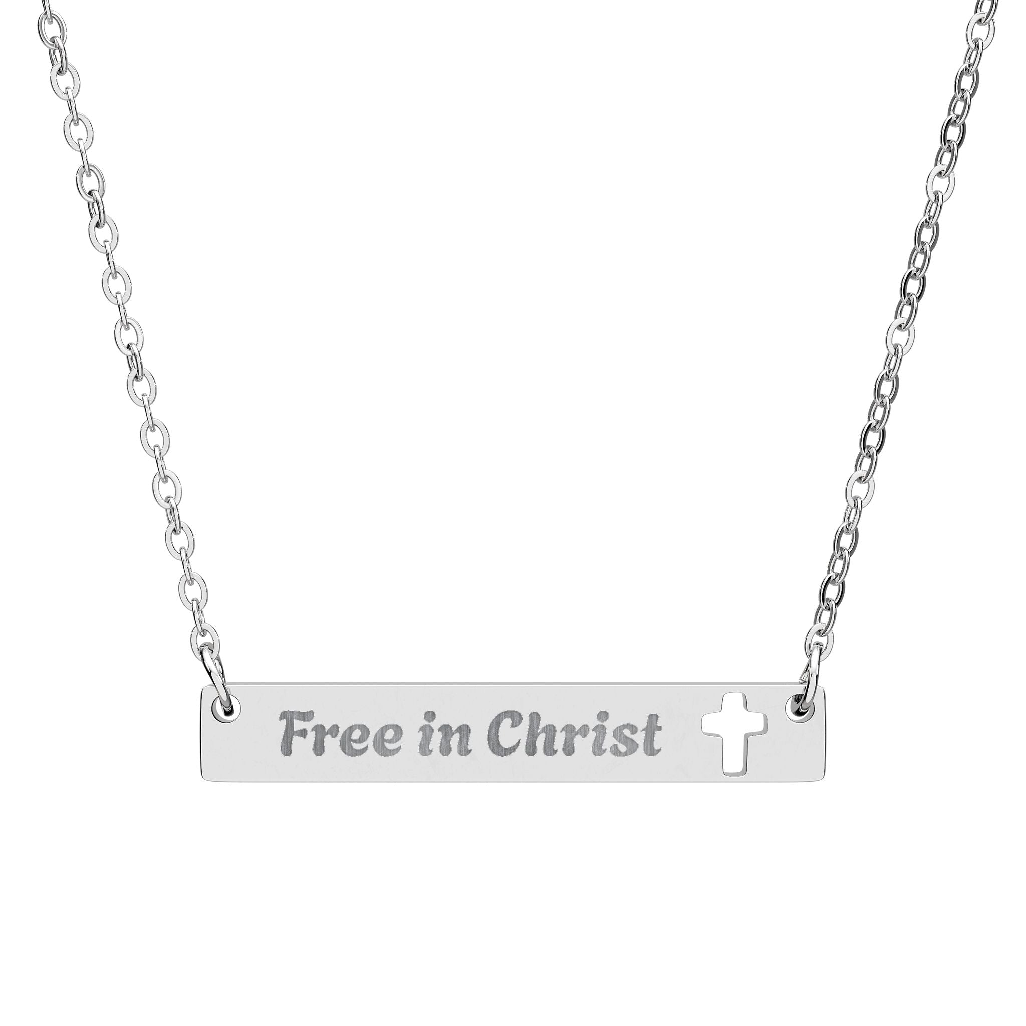Necklace - 'Free in Christ' Engraved Cutout Cross Bar for Birthday or Christmas