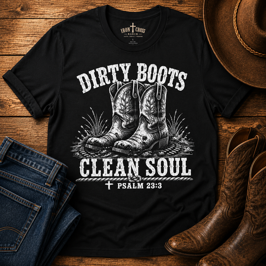 Dirty Boots Clean Soul Rustic Cowboy Western Tee (Psalm 23:5)